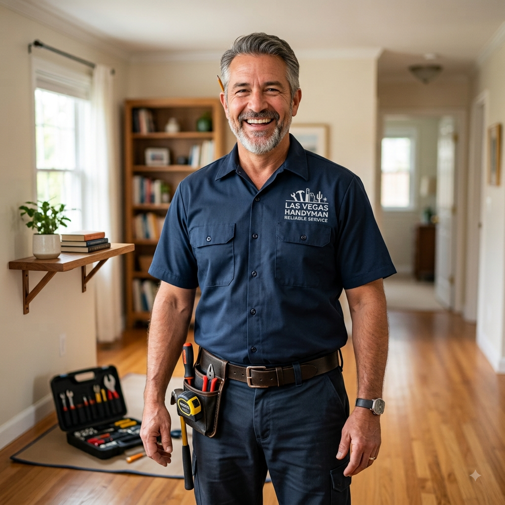 Friendly professional Las Vegas handyman holding a cordless drill in a bright modern kitchen