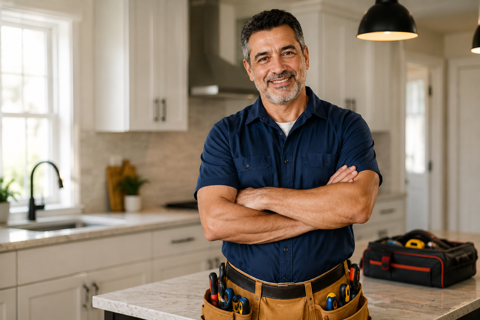 Friendly professional Las Vegas handyman with drill and tool belt in a bright home