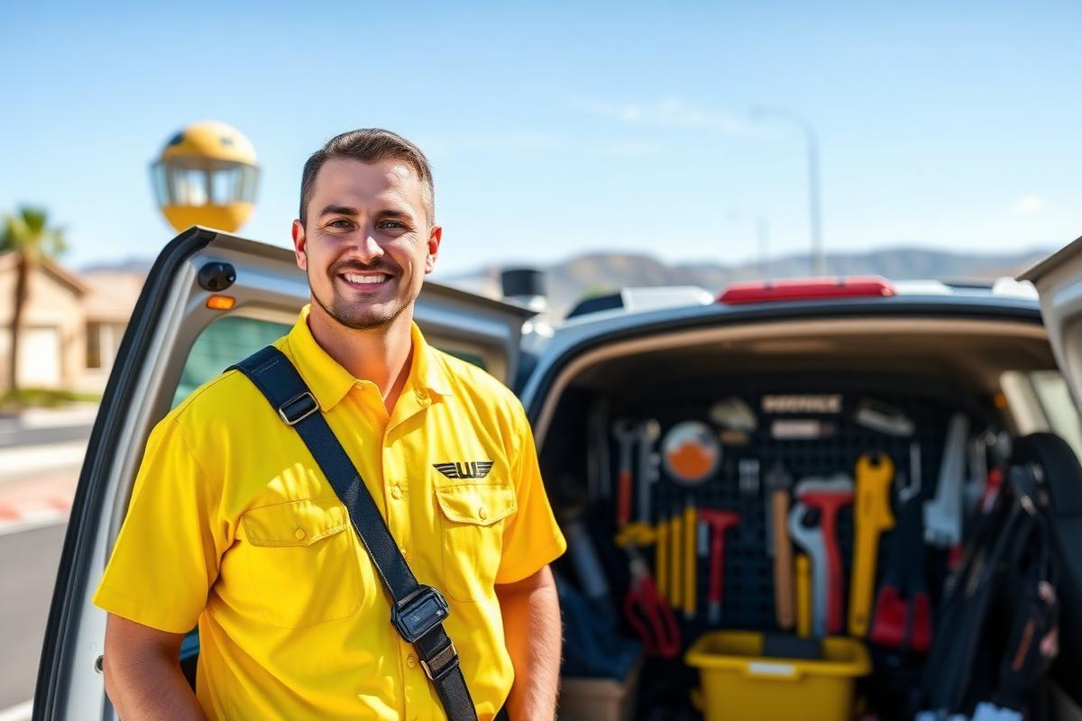 Professional handyman from Las Vegas Handyman Reliable Service beside a fully stocked work van