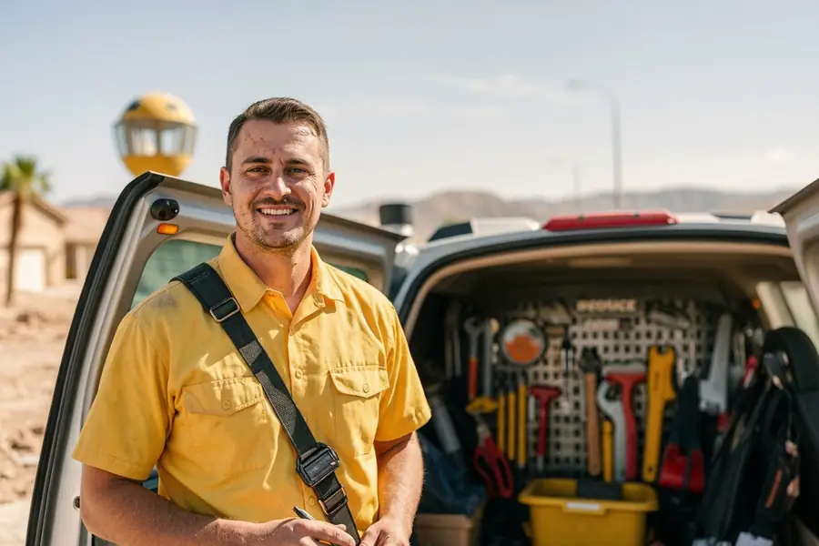 Professional handyman from Las Vegas Handyman Reliable Service beside a fully stocked work van