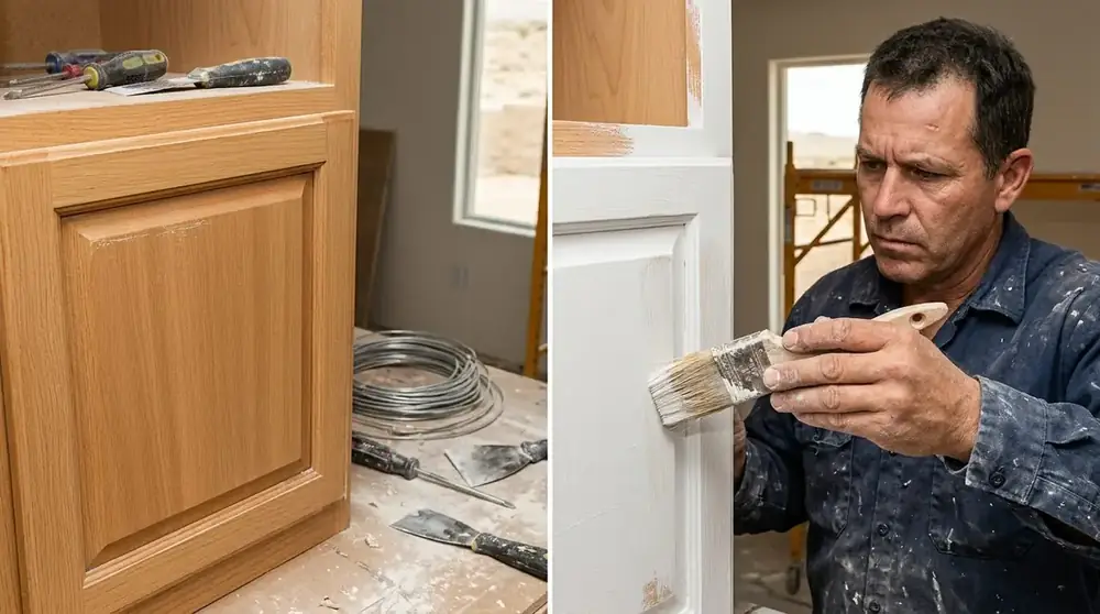 Before and after cabinet repair in Henderson — peeling worn cabinet finish stripped, primed, and refinished in a smooth shaker white.