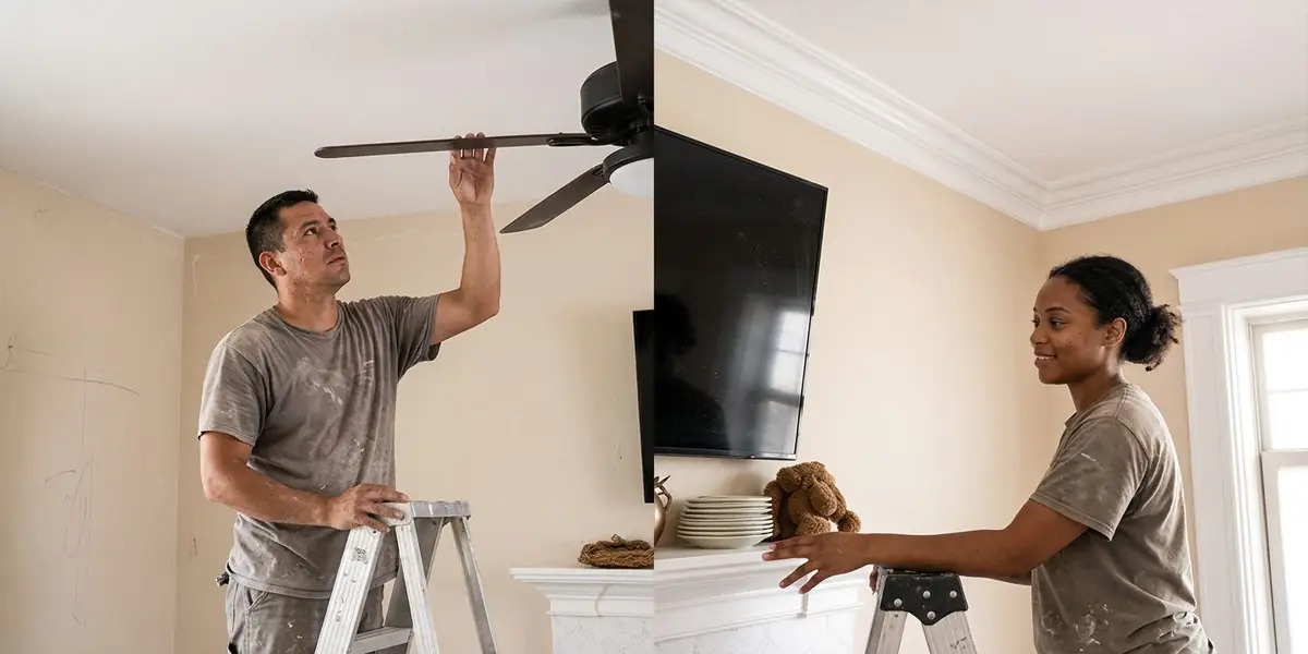 Recent carpentry job in The Arbors, Summerlin Las Vegas — bare ceiling line finished with mitered white crown molding, caulked and painted.
