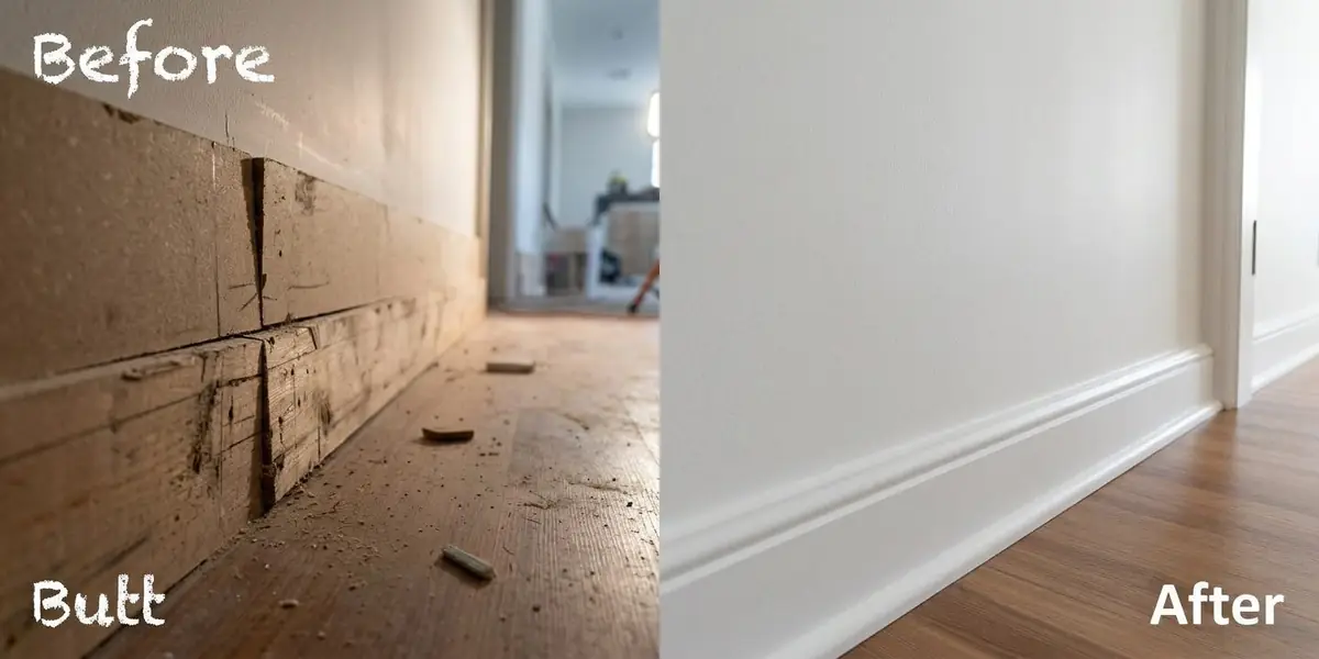 Before and after carpentry work in Henderson — scuffed damaged baseboard replaced with a tall clean modern white baseboard profile.