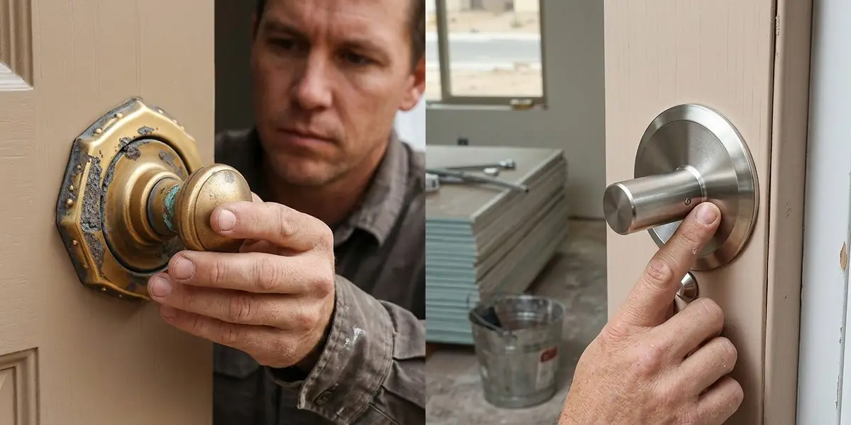 Before and after door repair in North Las Vegas — worn tarnished doorknob and strike plate replaced with a new brushed nickel handle set.
