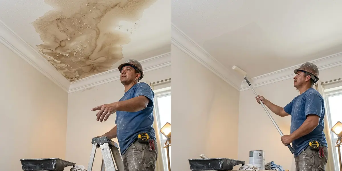 Before and after drywall repair in Henderson — water-damage stain on ceiling cut back, retextured, primed, and repainted.