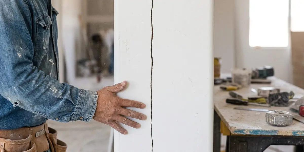 Before and after drywall repair in North Las Vegas — long hairline settling crack taped, floated, and refinished with matching orange-peel texture.