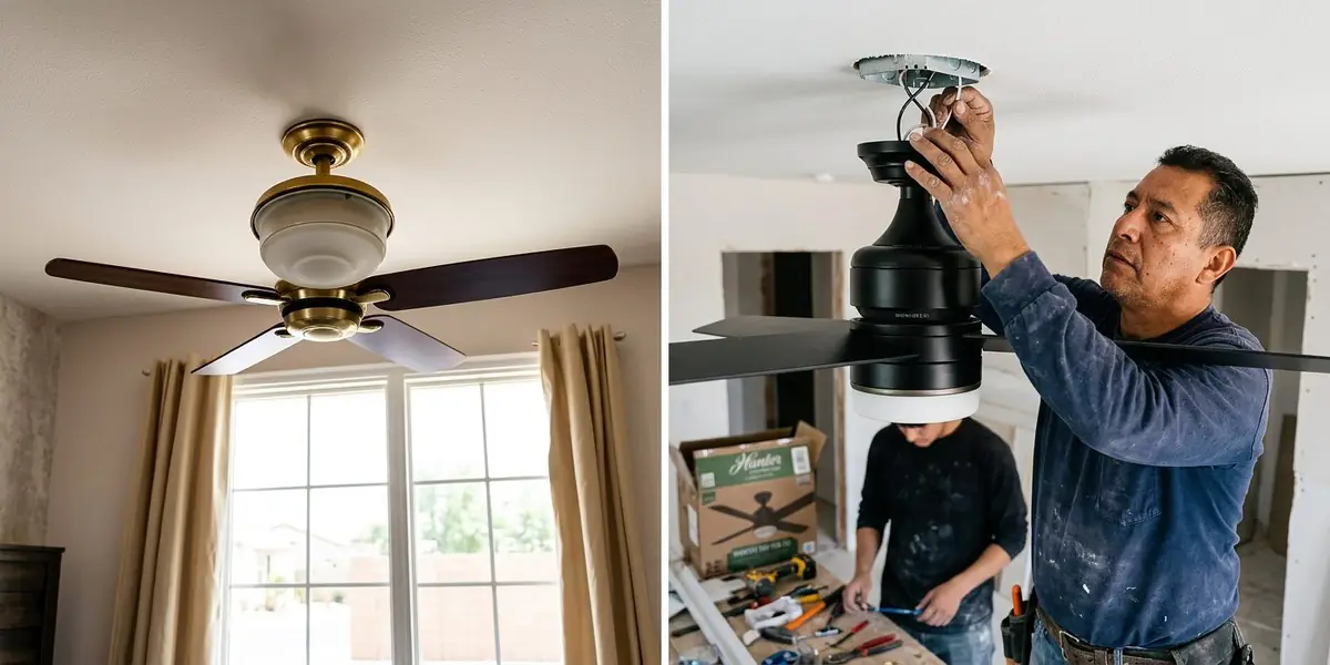 Before and after electrical service in Centennial Hills Las Vegas — dated brass builder-grade ceiling fan replaced with a modern matte black flush-mount fan.