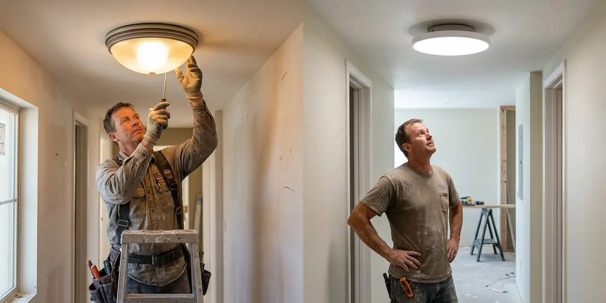 Before and after electrical service in Southwest Las Vegas — yellowed dome light fixture replaced with a slim modern LED flush mount.