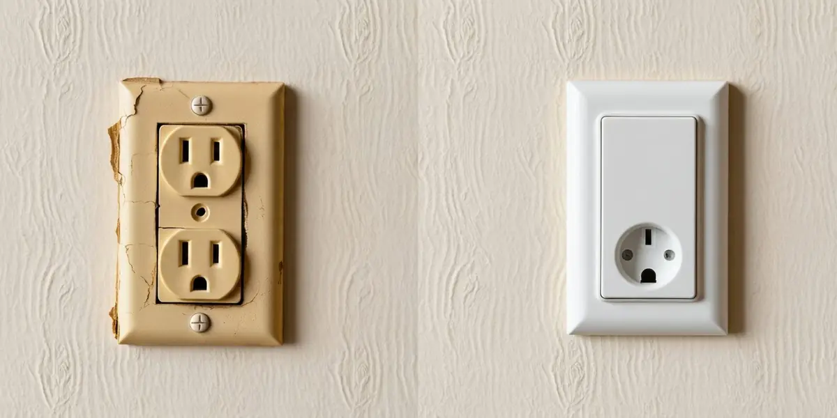 Before and after electrical service in Enterprise Las Vegas — cracked beige wall outlet replaced with a new white decora outlet and cover plate.