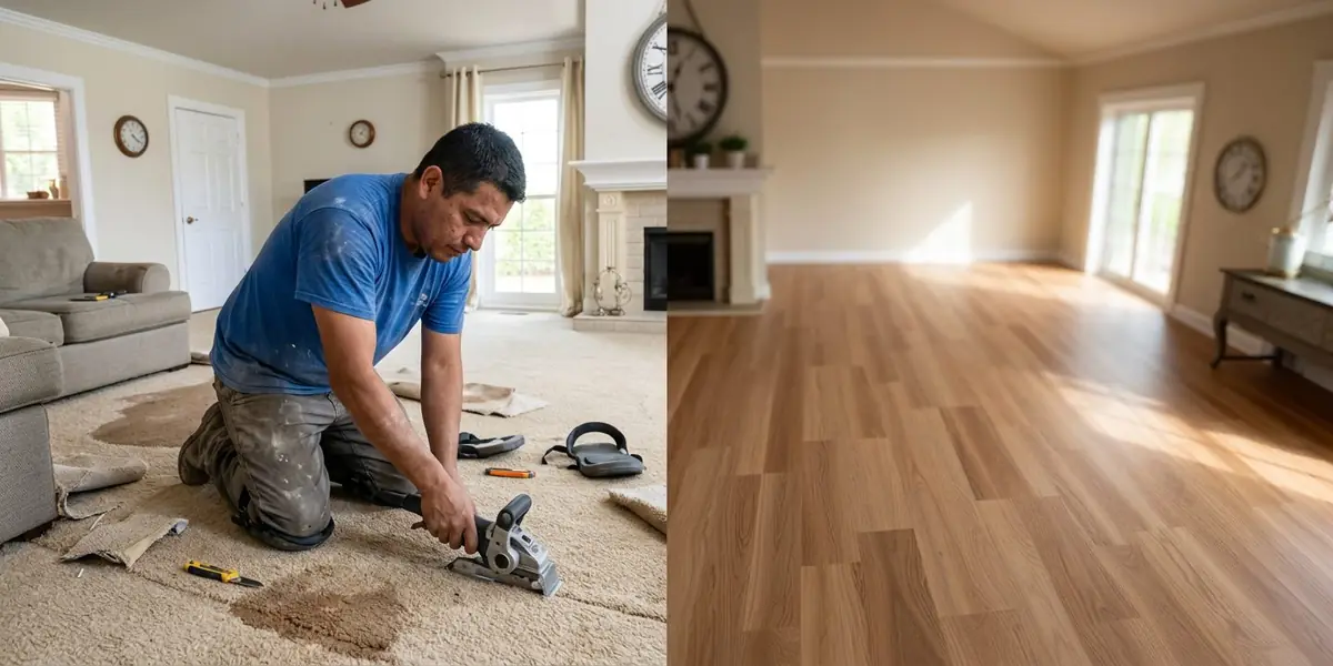 Before and after flooring installation in Enterprise Las Vegas — worn stained beige carpet replaced with new wide-plank luxury vinyl flooring.