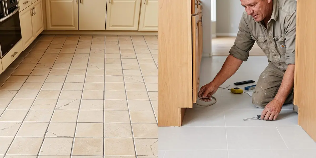 Before and after flooring installation in Green Valley Las Vegas — cracked dated kitchen tile replaced with new large-format porcelain tile and fresh grout.