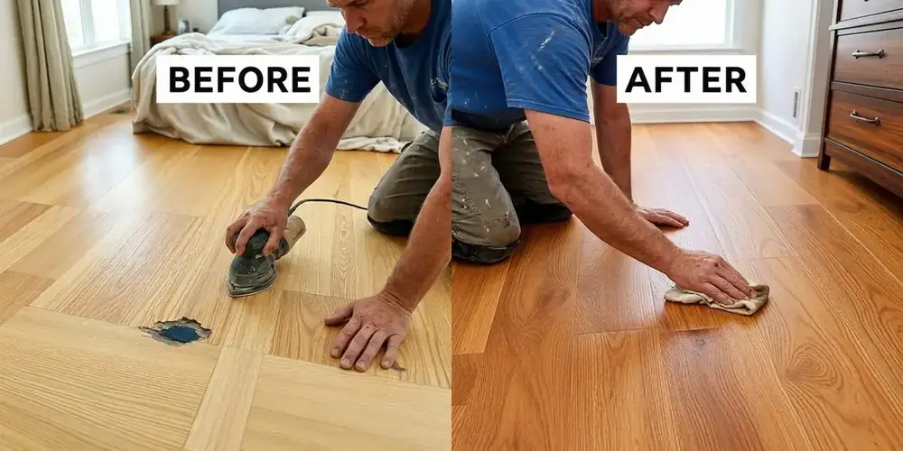 Before and after flooring installation in Centennial Hills Las Vegas — scratched laminate flooring replaced with warm wood-look LVP planks.