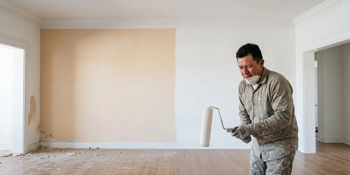 Recent interior painting job in Sun City Summerlin, Las Vegas — scuffed beige wall repainted in warm white with crisp cut lines.
