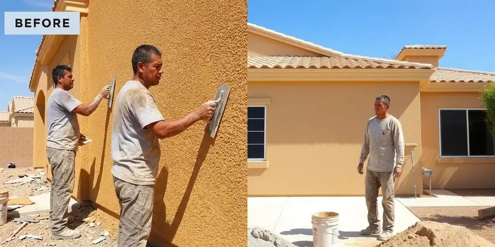 Before and after painting service in Henderson — peeling faded exterior stucco power-washed, primed, and repainted a fresh desert tan.