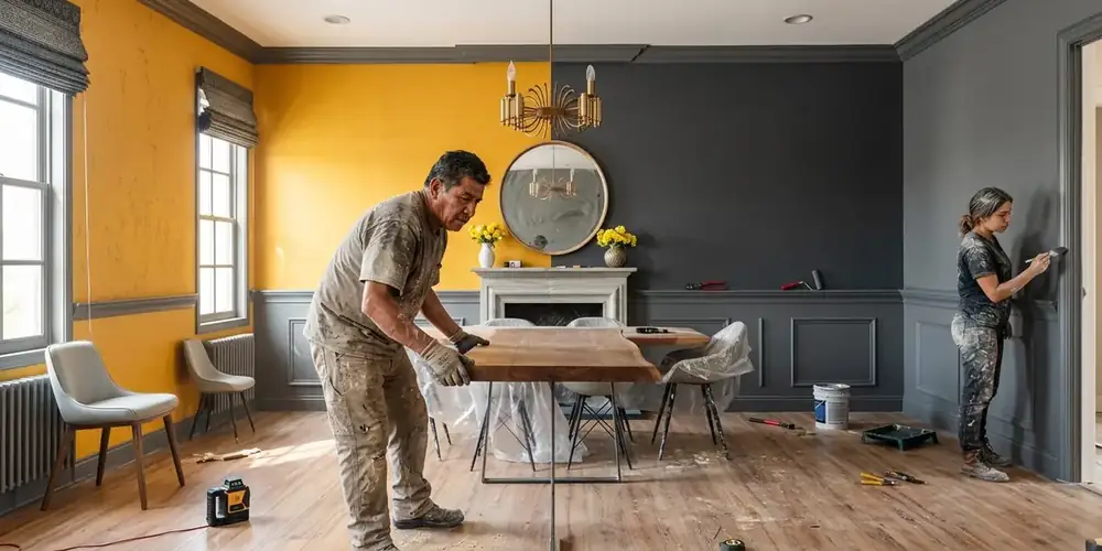 Before and after painting service in Southwest Las Vegas — dated dining room accent wall repainted a modern deep charcoal.