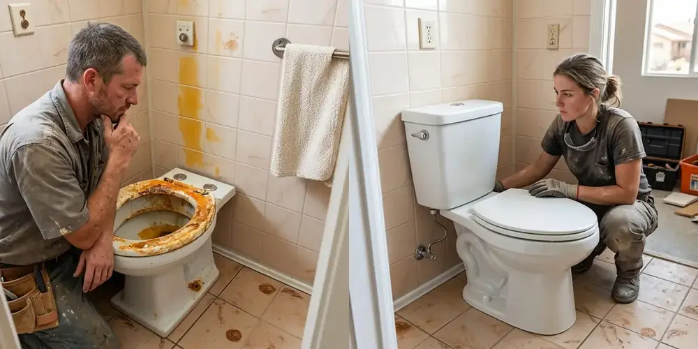 Before and after plumbing repair in Henderson — stained older toilet replaced with a clean new comfort-height white toilet.