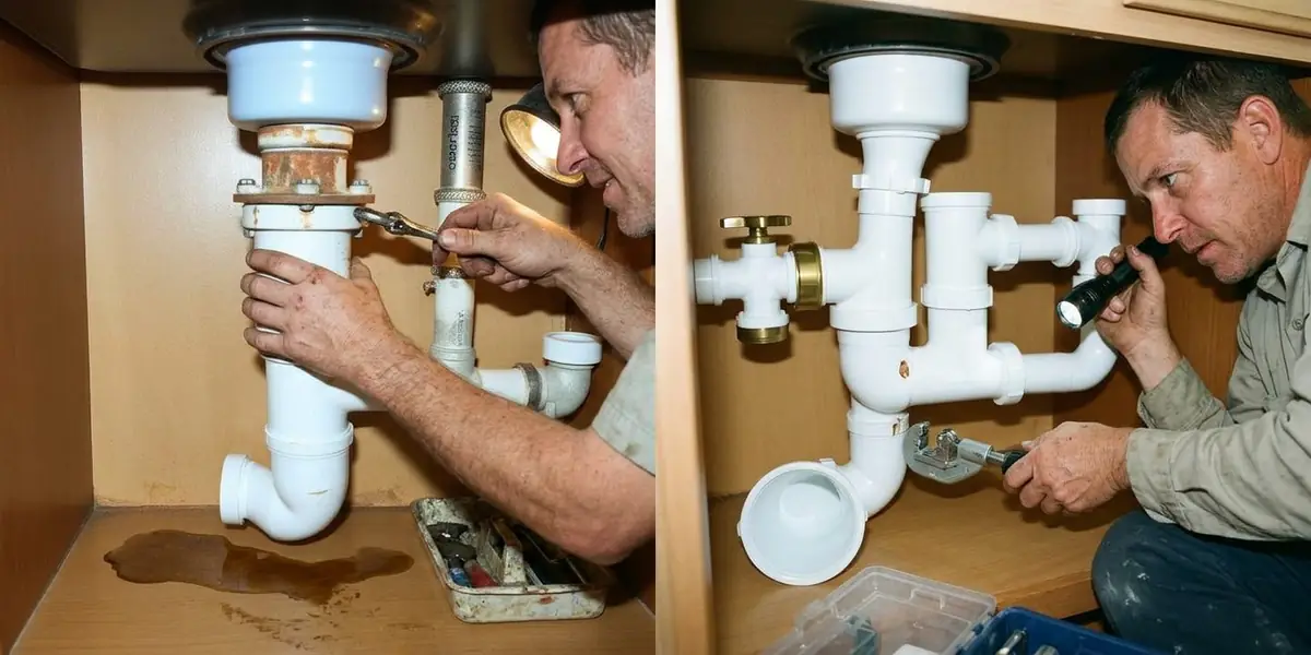Before and after plumbing repair in Spring Valley Las Vegas — leaking rusty under-sink P-trap replaced with a clean new PVC drain assembly.