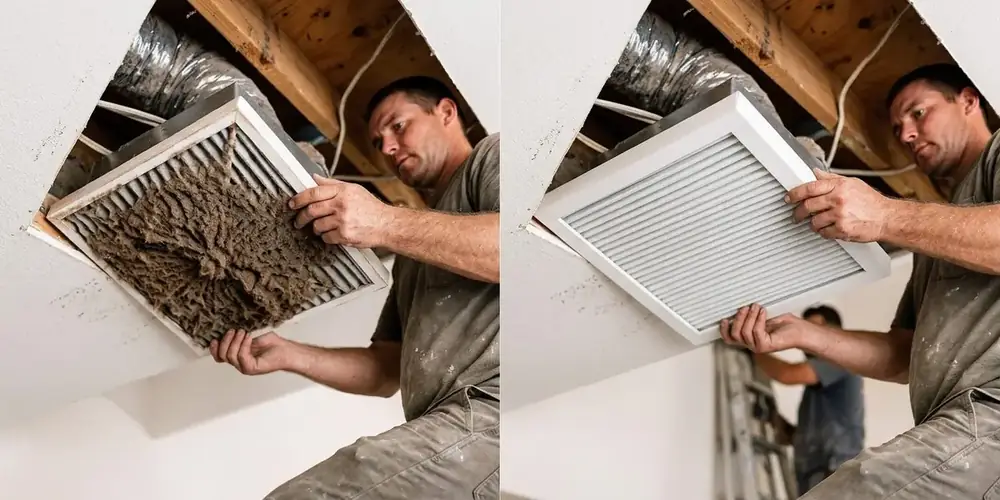 Before and after property maintenance in Centennial Hills Las Vegas — dirty clogged HVAC air filter replaced with a clean new pleated return-air filter.