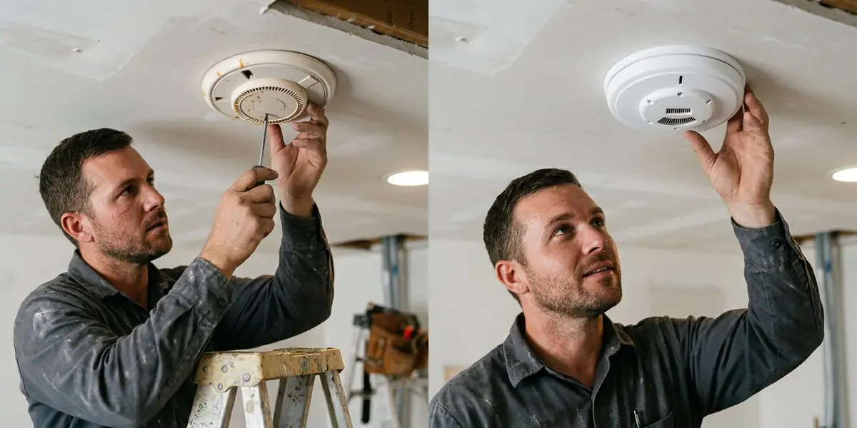 Before and after property maintenance in Enterprise Las Vegas — old yellowed smoke detector replaced with a new modern smoke and CO combo detector.