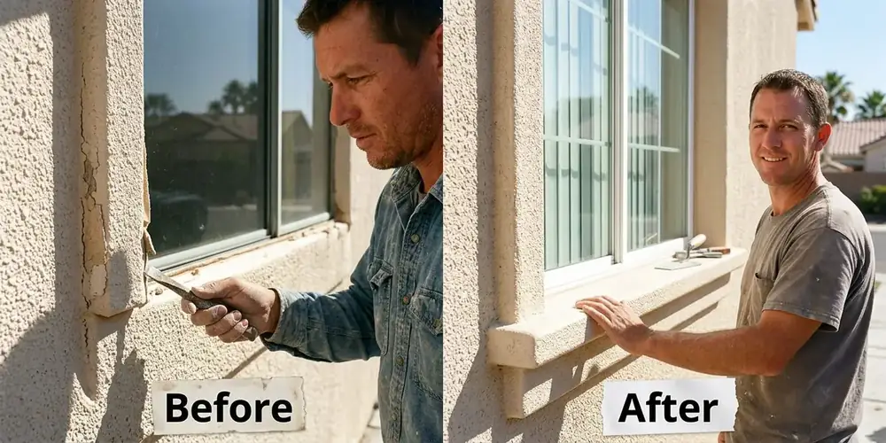 Before and after property maintenance in Green Valley Las Vegas — cracked weathered exterior window caulk scraped and replaced with clean weather-tight beads.