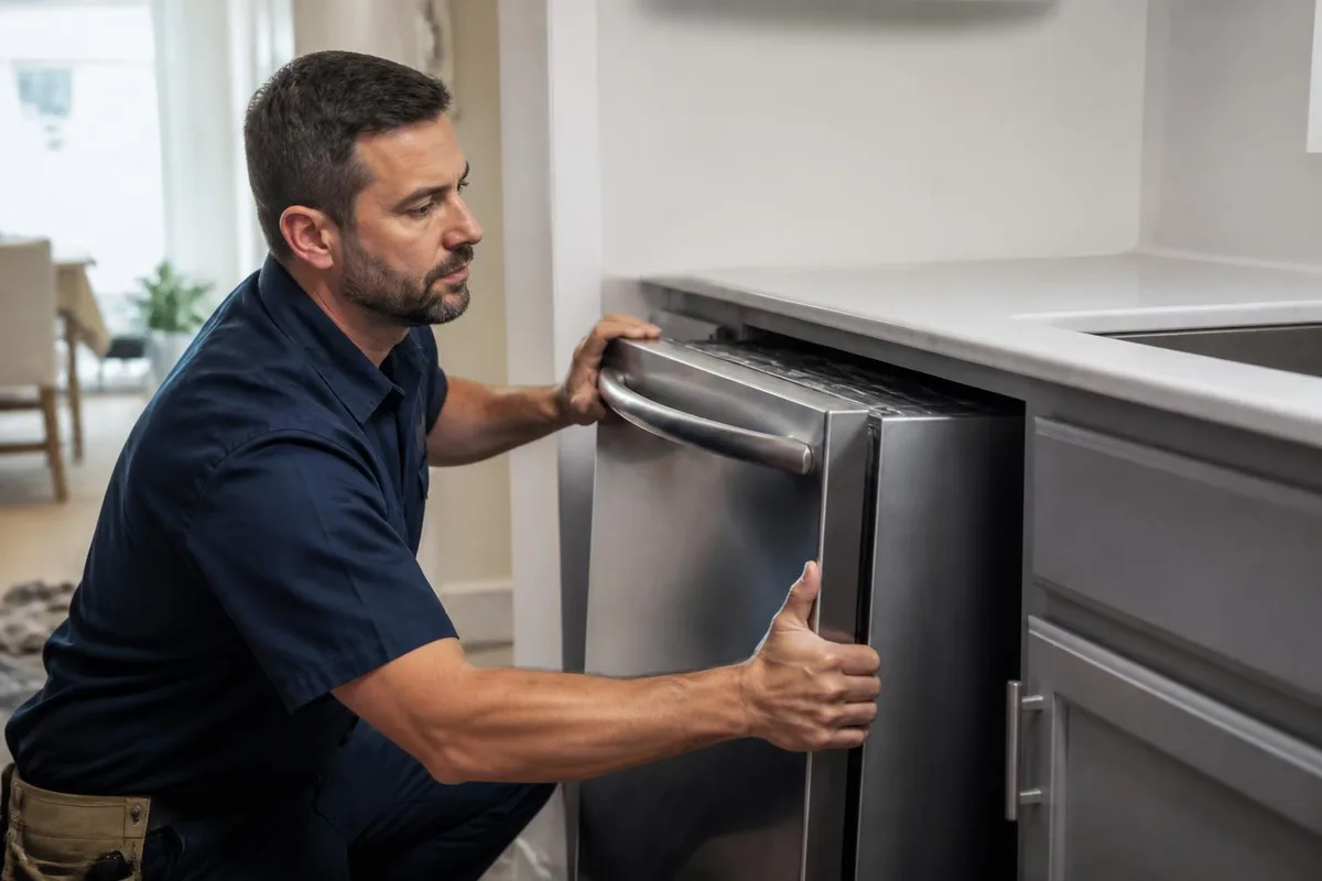 Handyman installing a stainless steel dishwasher under a kitchen counter in a Las Vegas home