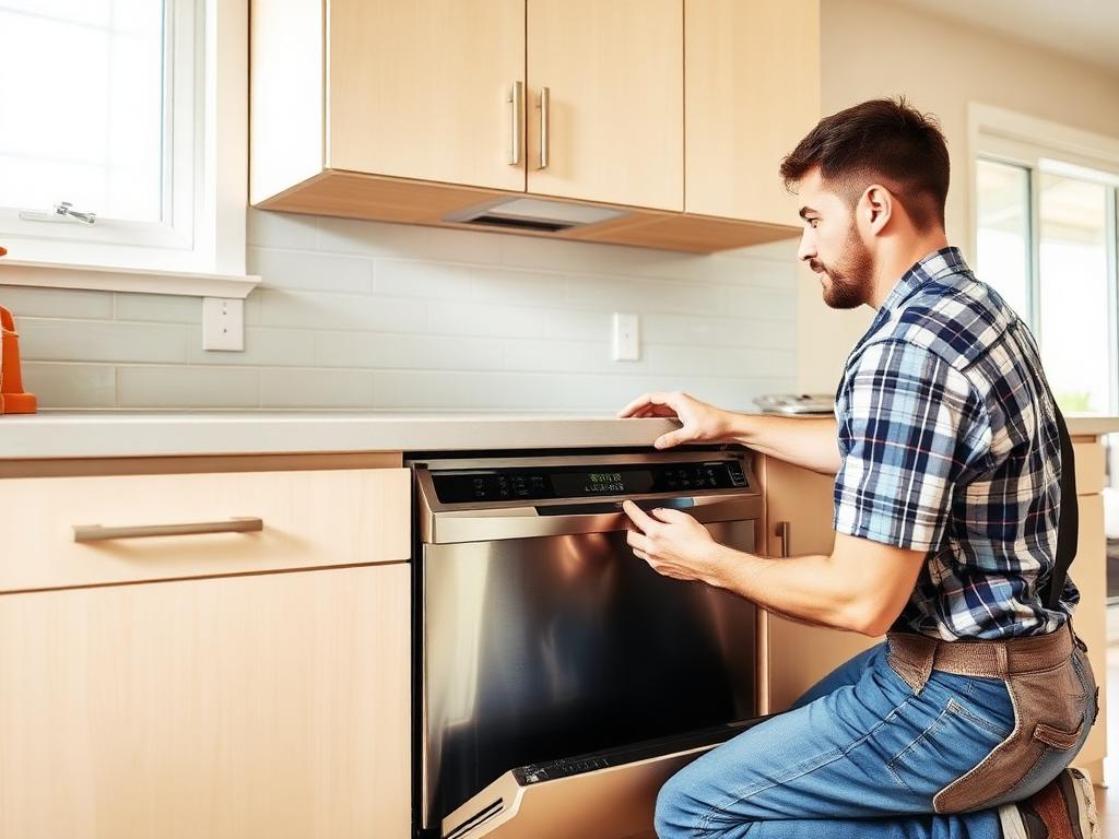 Handyman sliding a stainless steel dishwasher into place under a kitchen counter in Las Vegas — Appliance Installation in Enterprise, Las Vegas