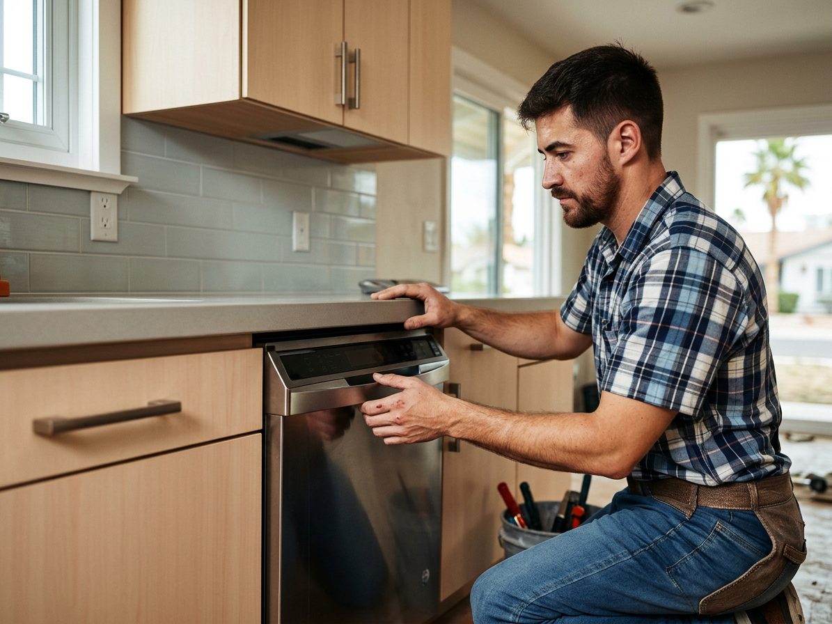 Handyman installing a stainless steel dishwasher under a kitchen counter in a Las Vegas home