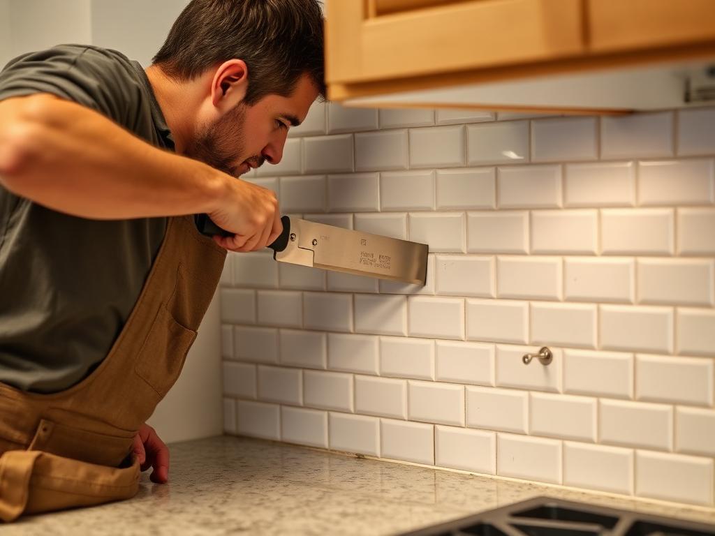 Tile installer setting white subway tile for a backsplash above a Las Vegas kitchen counter — Tile & Backsplash Installation in Green Valley, Las Vegas