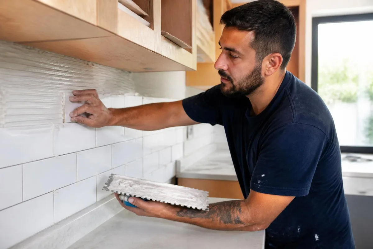 Tile installer setting a white subway tile backsplash in a Las Vegas kitchen