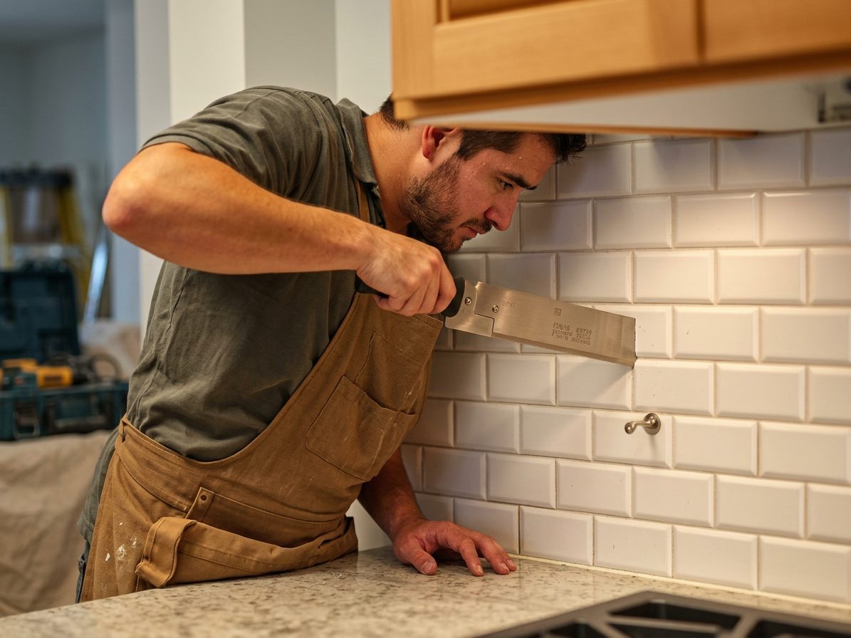 Tile installer setting a white subway tile backsplash in a Las Vegas kitchen