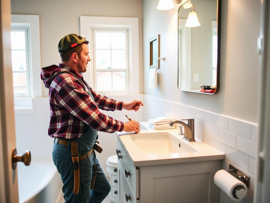 Handyman setting a new vanity and faucet into place in a remodeled Las Vegas bathroom — Bathroom Upgrades in Anthem, Las Vegas