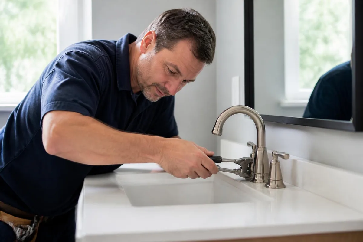 Handyman installing a new bathroom vanity and faucet in a Las Vegas bathroom