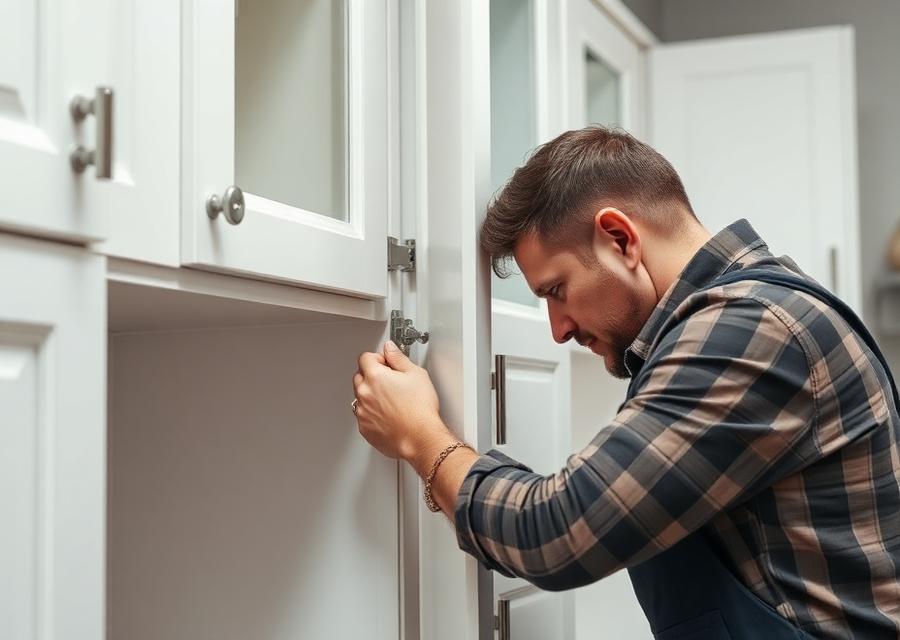 Craftsman repairing a kitchen cabinet hinge in a Las Vegas kitchen