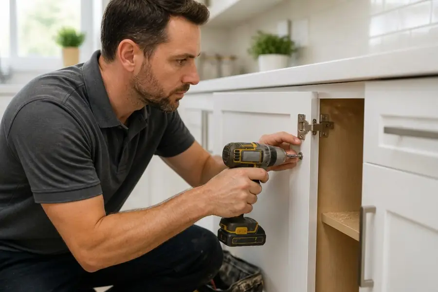 Craftsman repairing a kitchen cabinet hinge in a Las Vegas kitchen