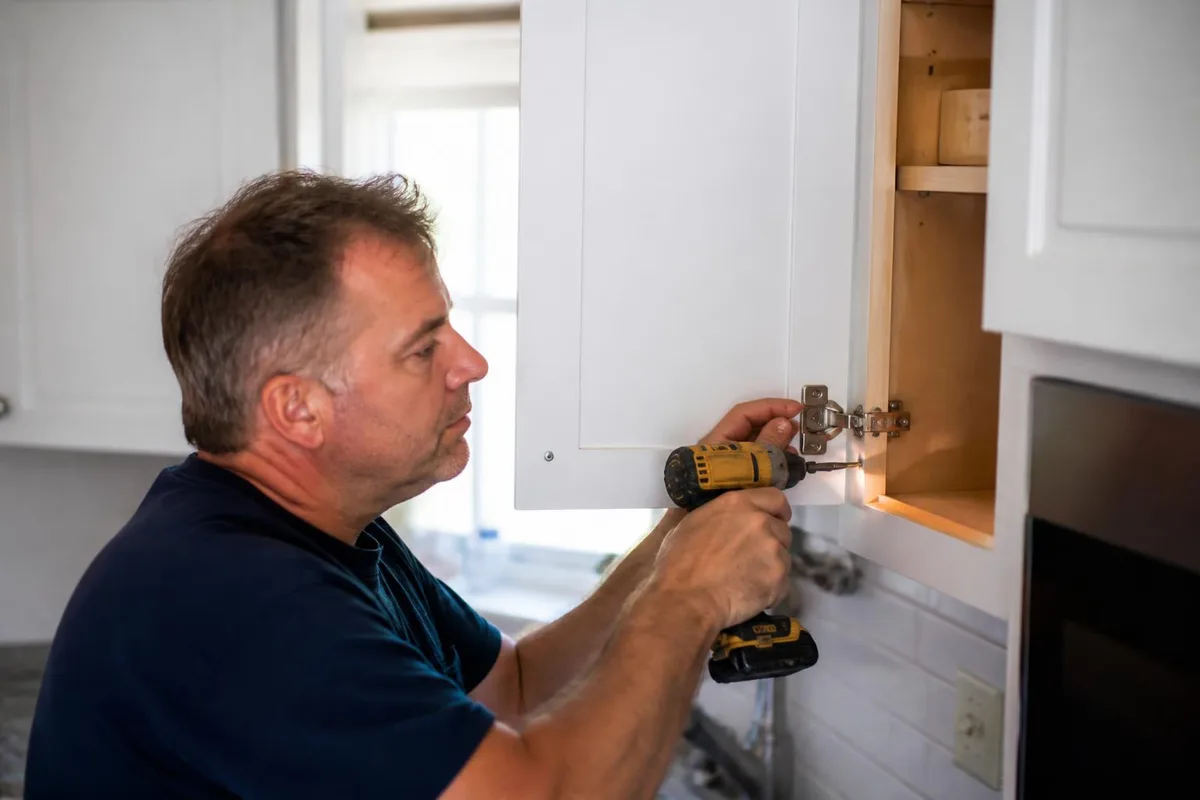 Craftsman repairing a kitchen cabinet hinge in a Las Vegas kitchen