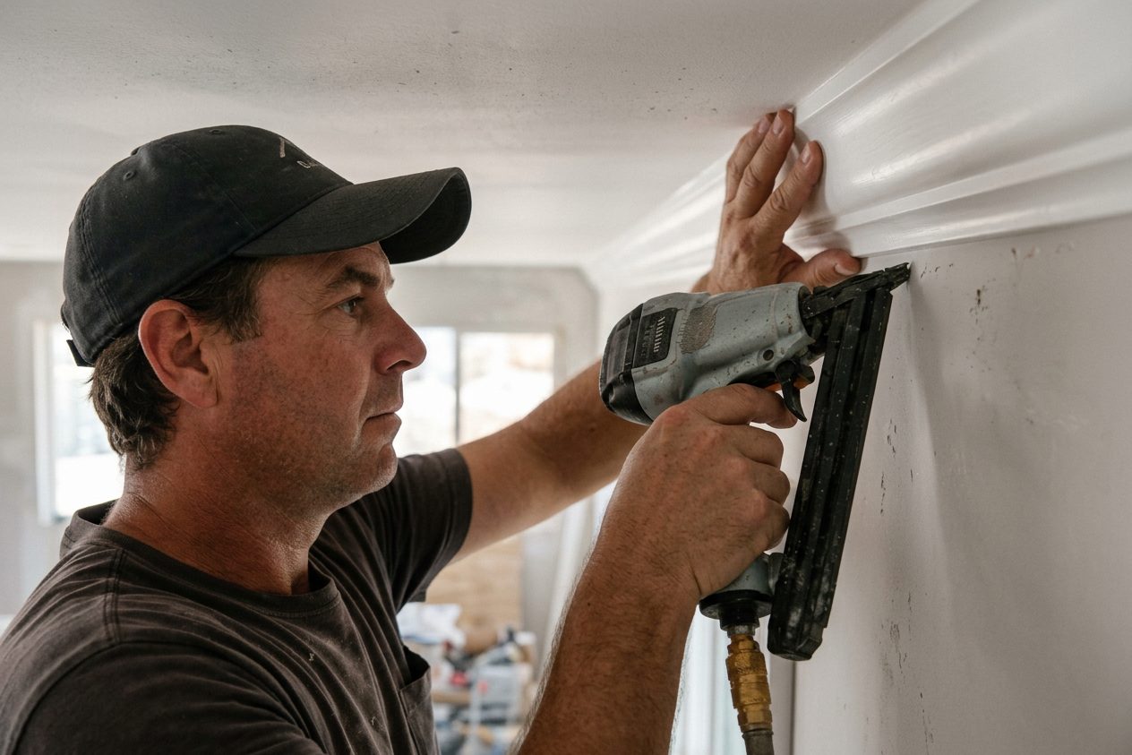 Carpenter installing crown molding trim in a Las Vegas home