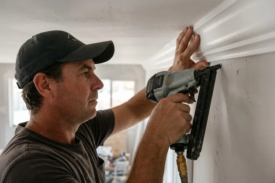 Carpenter installing crown molding trim in a Las Vegas home