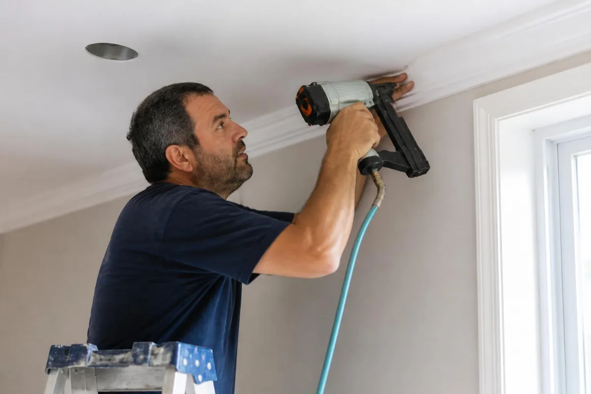 Carpenter installing crown molding trim in a Las Vegas home