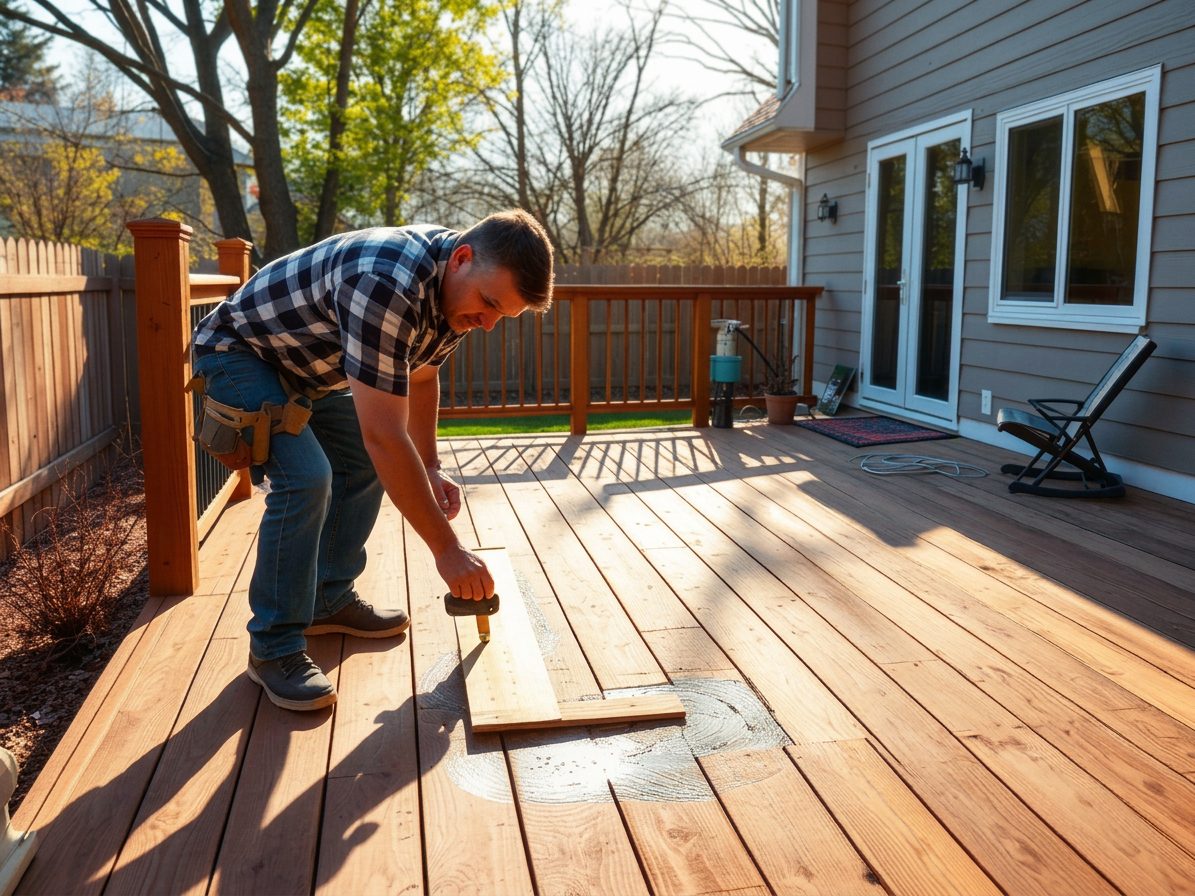 Handyman replacing deck boards on a backyard patio deck in Las Vegas