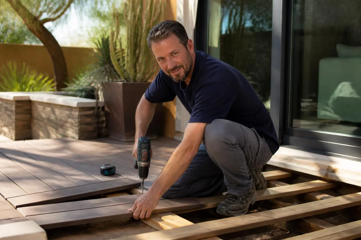 Handyman replacing deck boards on a backyard patio deck in Las Vegas