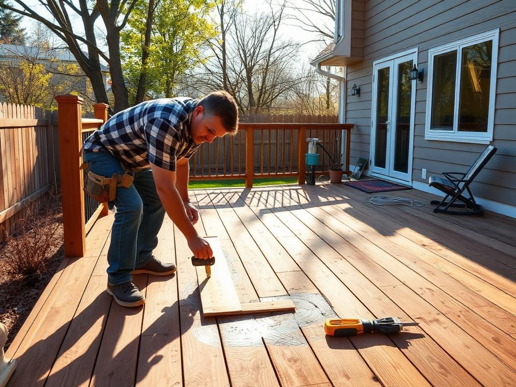 Handyman replacing deck boards on a backyard patio deck in Las Vegas