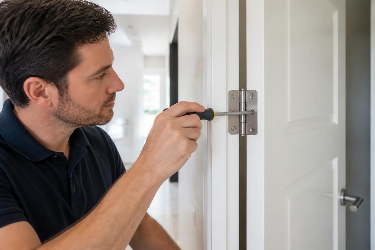Handyman adjusting hinges on an interior door in a Las Vegas home