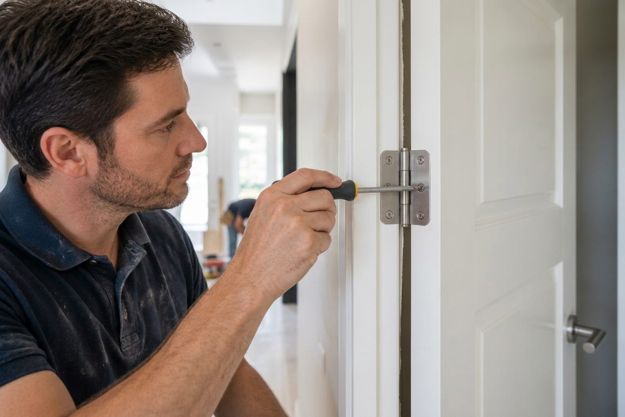 Handyman adjusting hinges on an interior door in a Las Vegas home