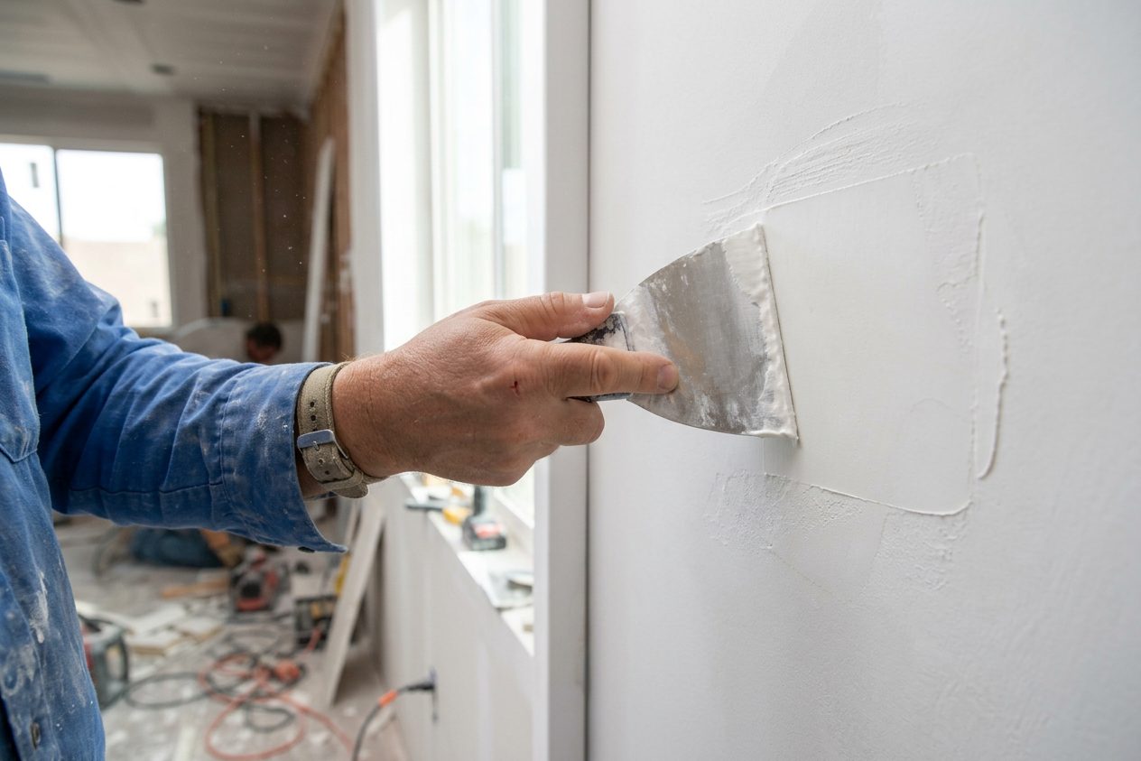 Handyman patching drywall with joint compound in a Las Vegas home