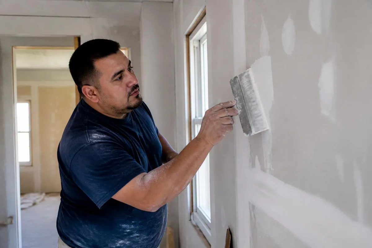 Handyman patching drywall with joint compound in a Las Vegas home
