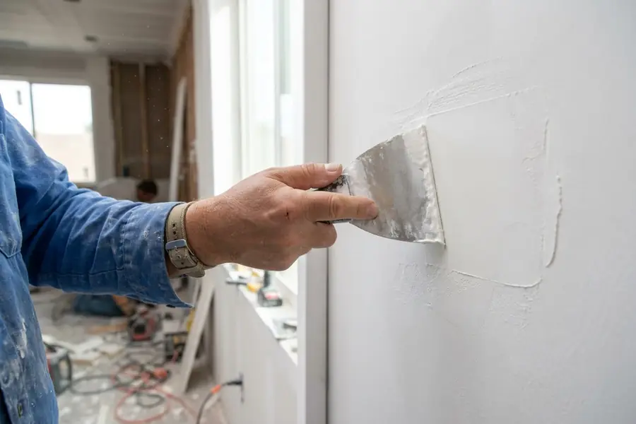 Handyman patching drywall with joint compound in a Las Vegas home