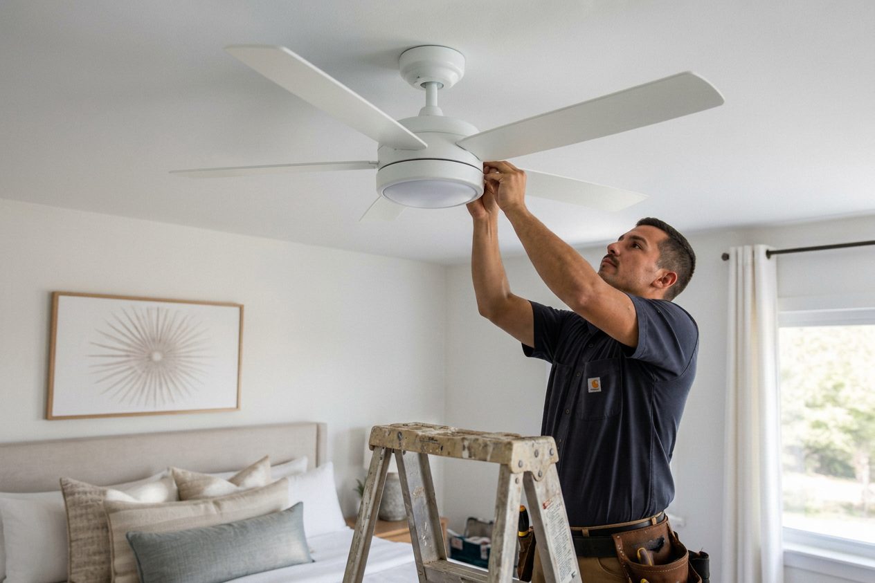 Technician installing a ceiling fan in a Las Vegas bedroom