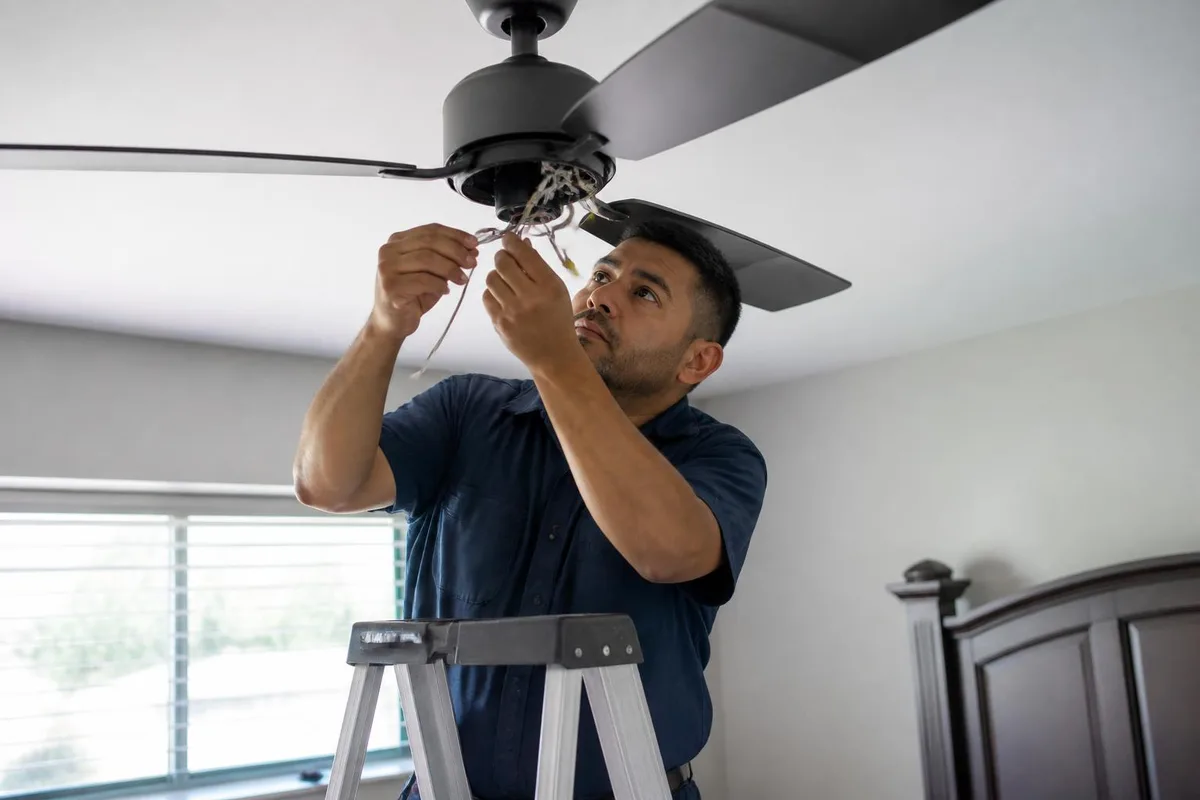 Technician installing a ceiling fan in a Las Vegas bedroom