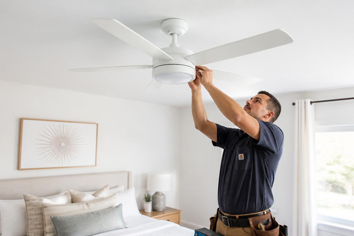 Technician installing a ceiling fan in a Las Vegas bedroom