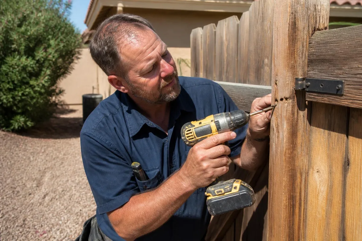 Handyman repairing a wooden backyard fence gate with a drill at a Las Vegas home
